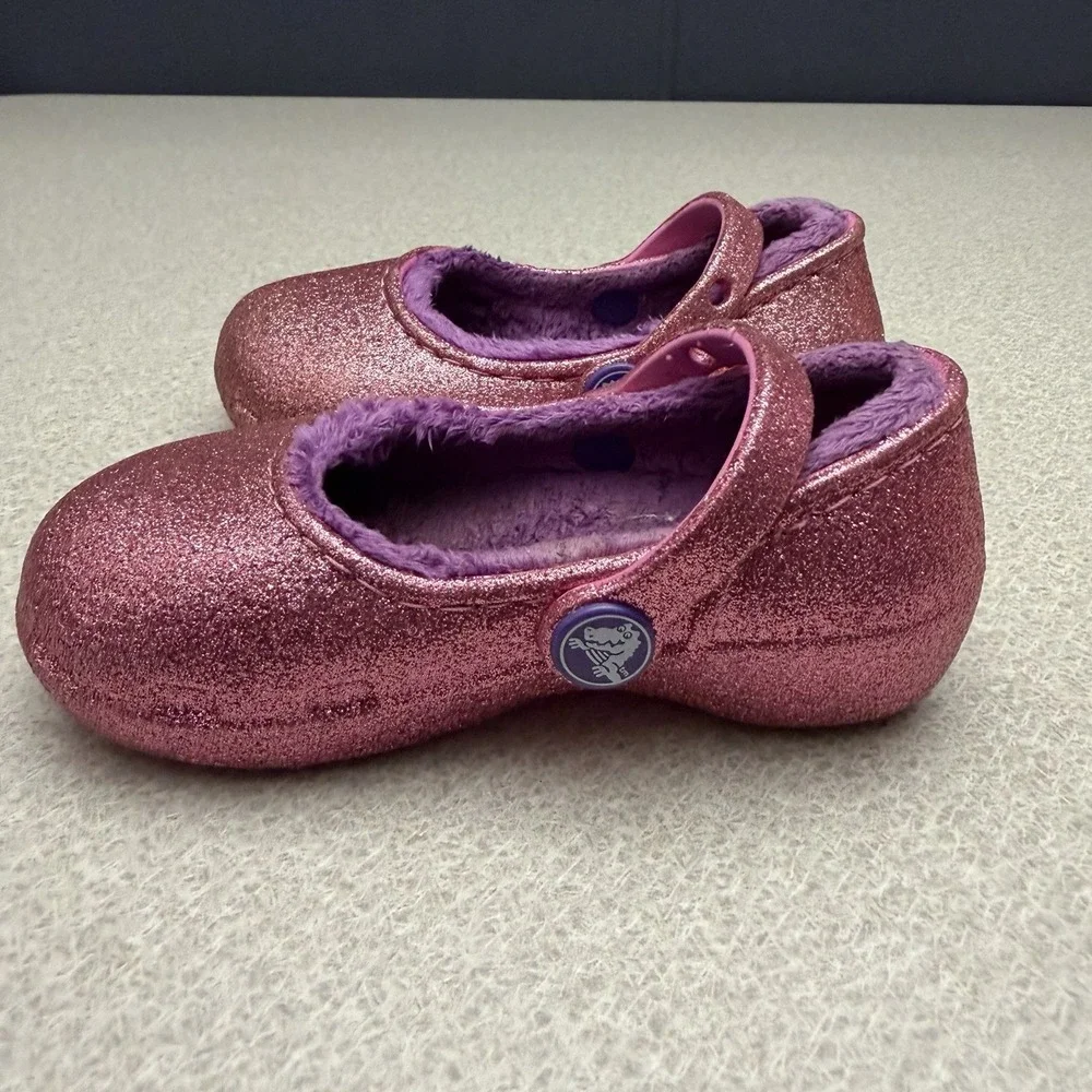 Crocs Classic Pink Glitter Lined Mary Jane Slip On Shoes Youth Girls Size C 7